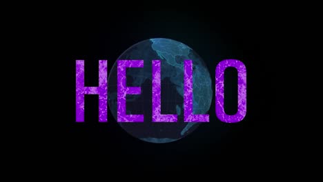 Animation-of-hello-text-over-globe-on-dark-background