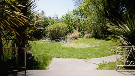 Front-porch-view-onto-freshly-mowed-grass-of-a-big-garden-in-New-Zealand