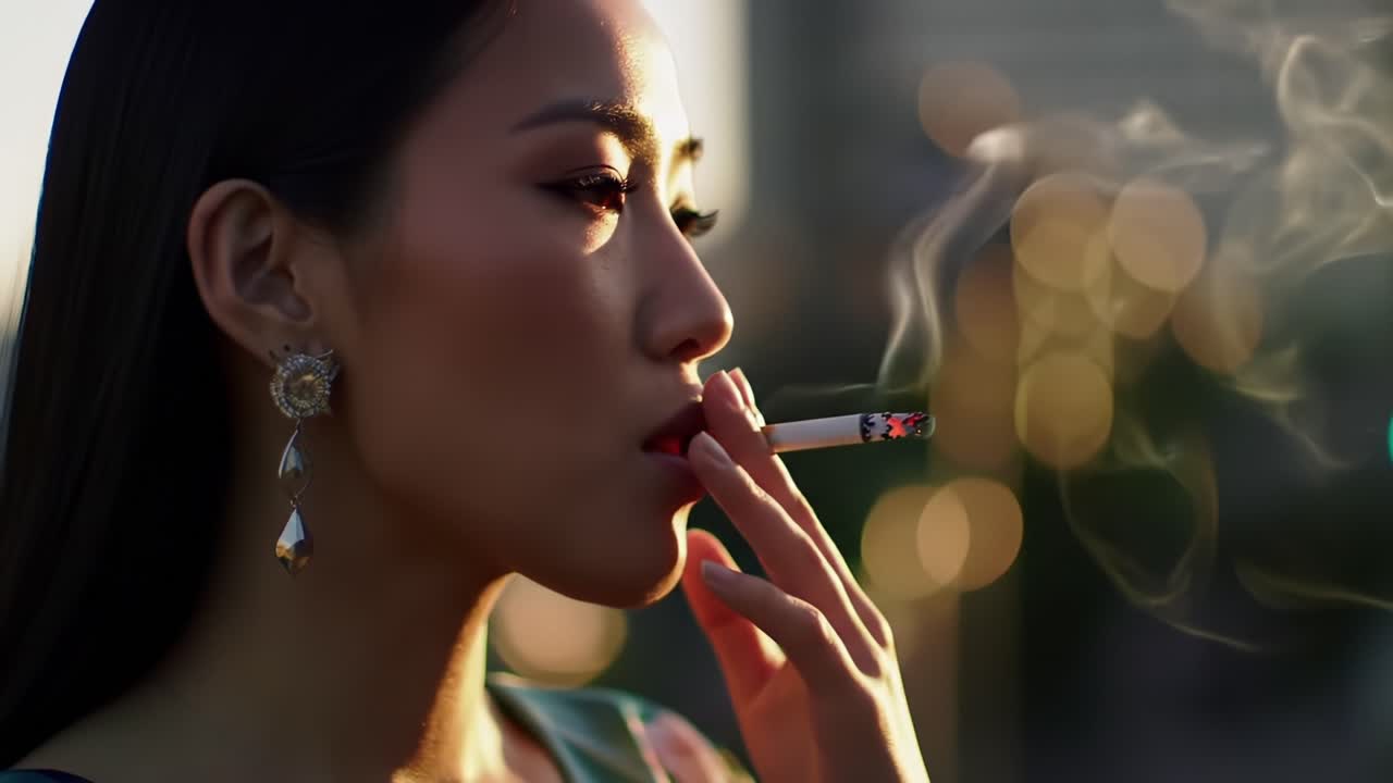 A Captivating Portrait of a Woman Exuding Elegance and Mystery: Reflections of Smoke Among Dazzling City Lights in the Background