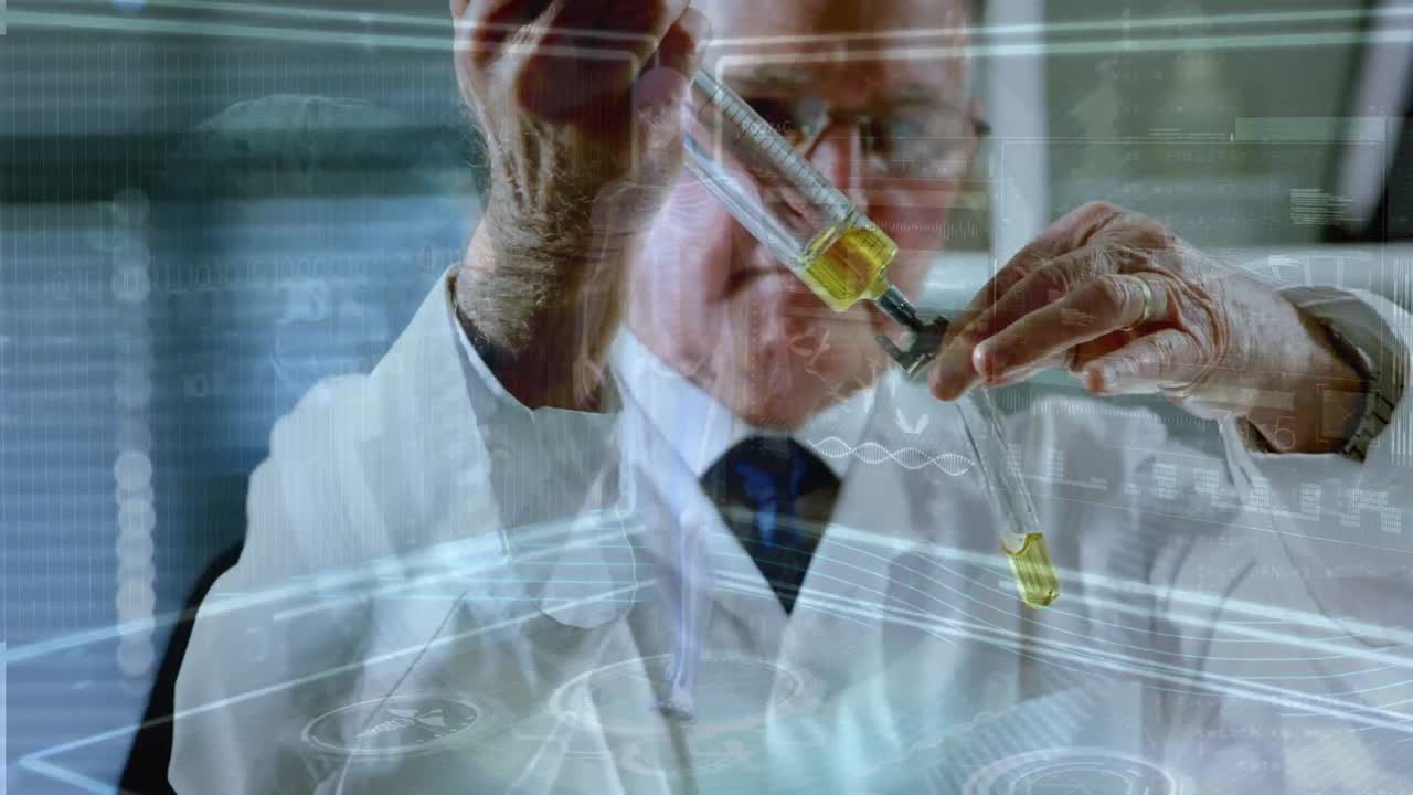 실험실에서 일하는 백인 남성 과학자에 대한 인간 모델 및 데이터 처리 애니메이션