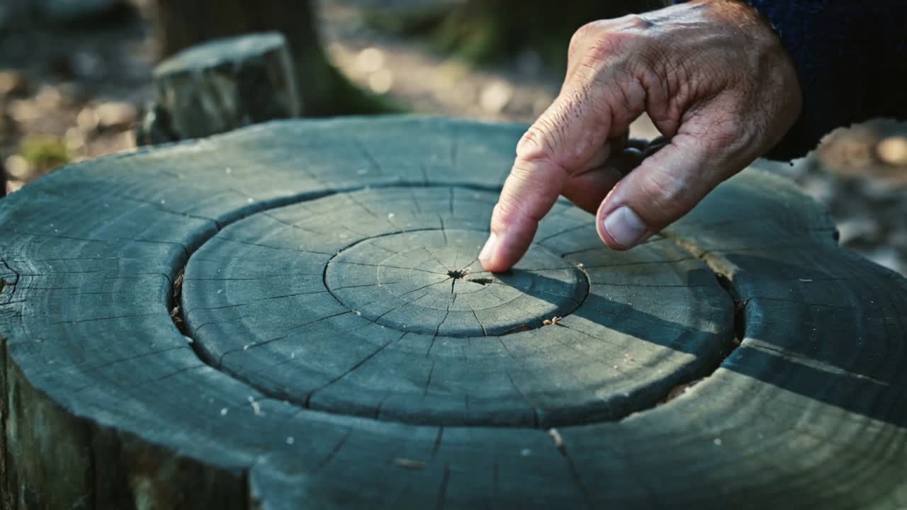 Pegefinger svæver og rører ved revne, seniorhånd med blåt ærme tjekker stubringe i skoven.