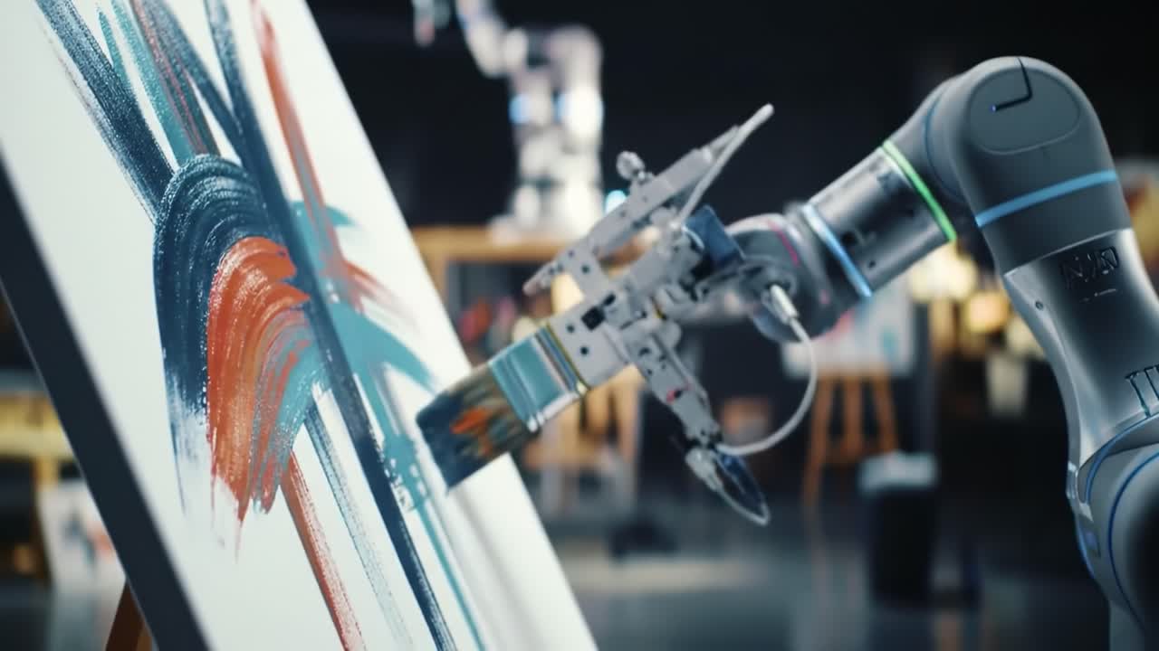 Innovative Robotic Arm Creating Artistic Masterpiece on Canvas, Merging Technology and Creativity in Captivating Art Studio Environment