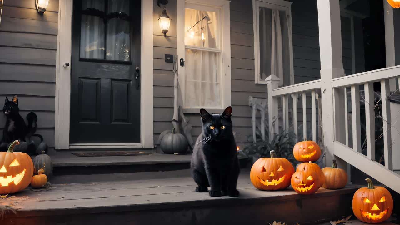 Halloween Decorated Porch with Black Cats