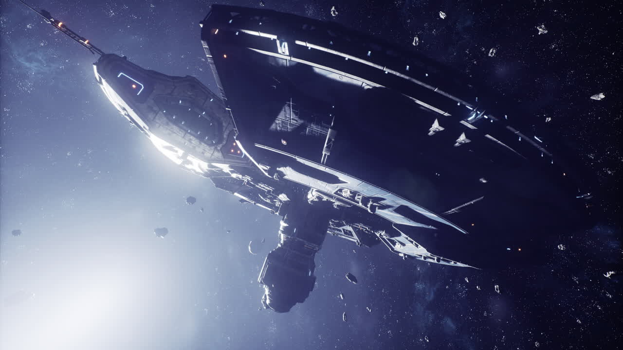 Spaceship navigating through asteroid field in deep space exploration