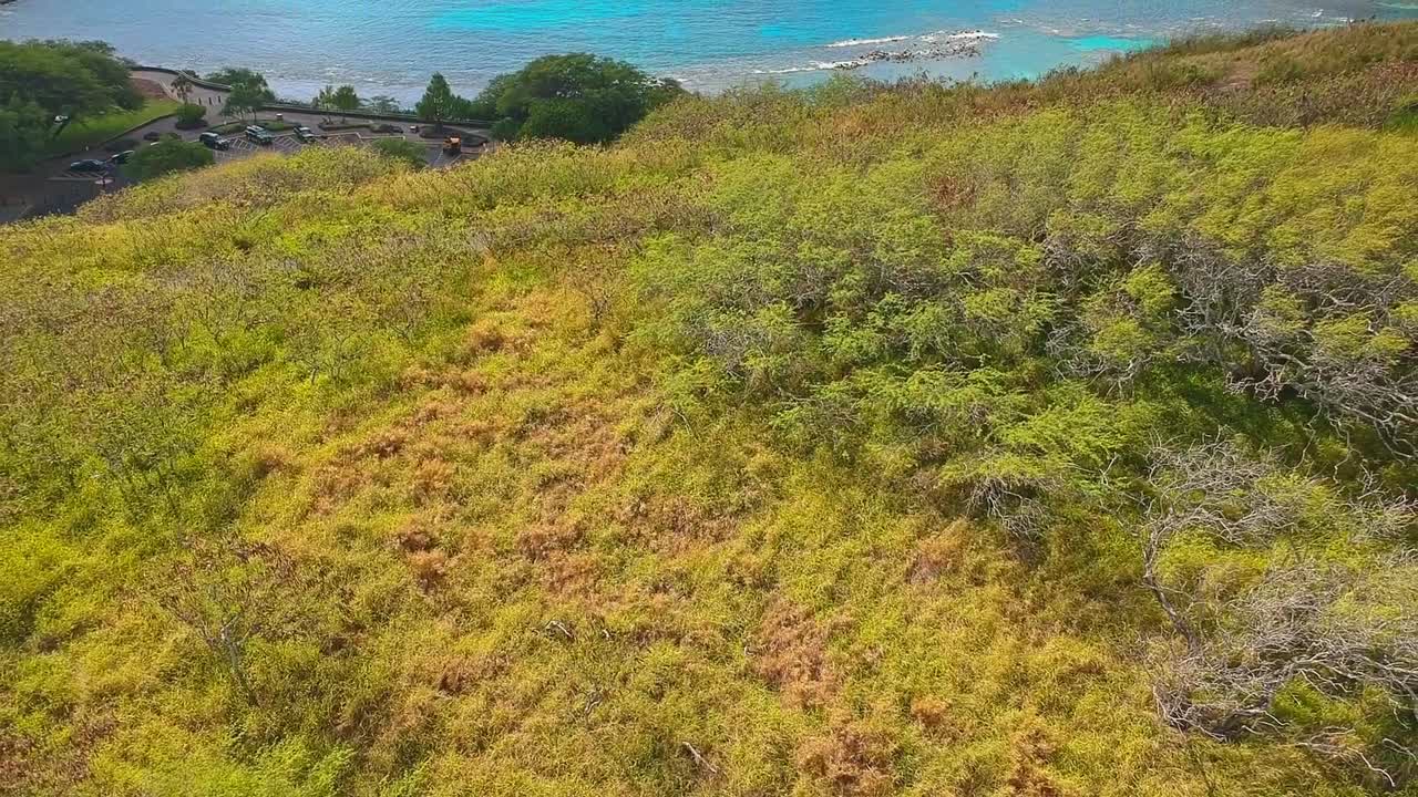 아름다운 화창한 날에 하나우마 베이를 드러내는 공중 전망