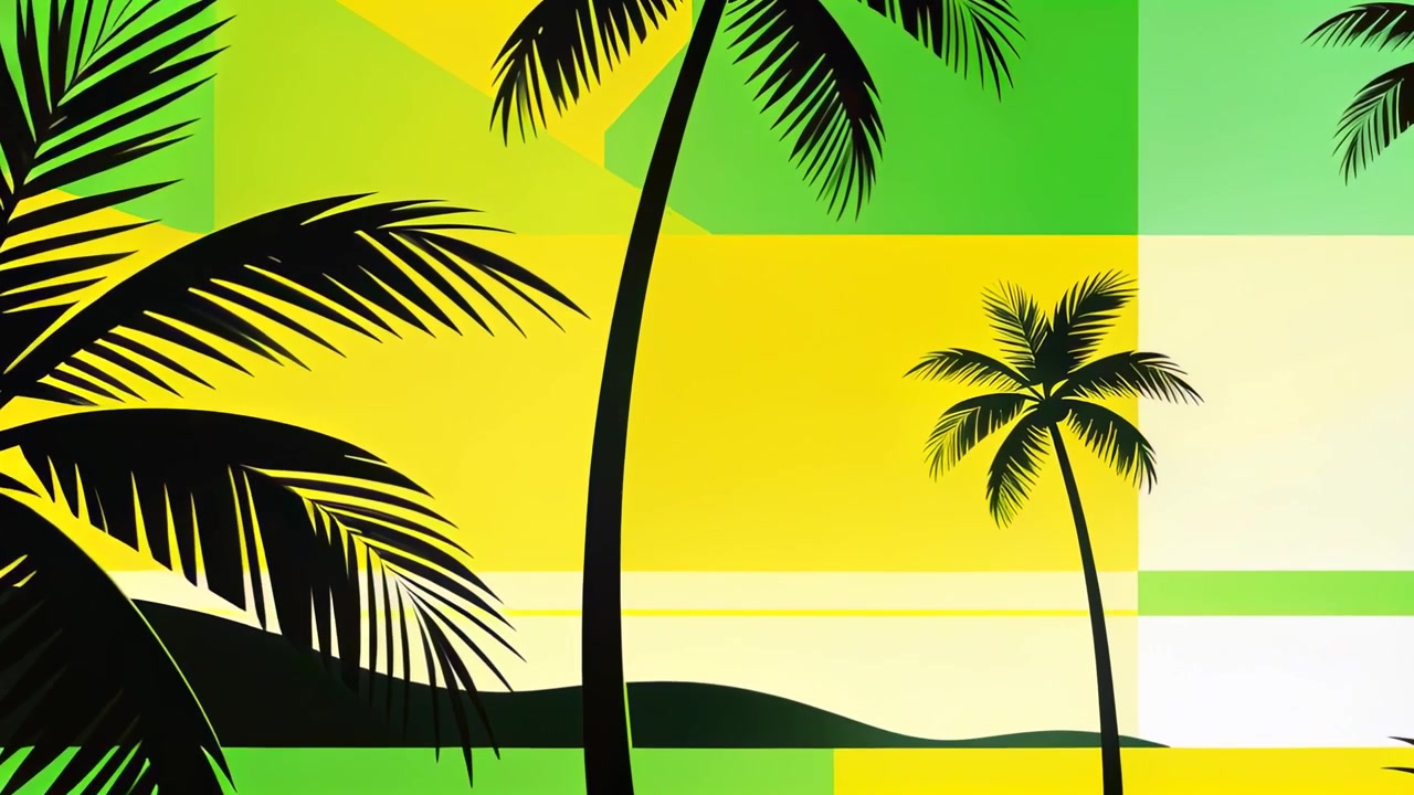 Punto di vista scorrevole che muove sagome nere di palme lungo la costa tropicale, creando un effetto parallasse