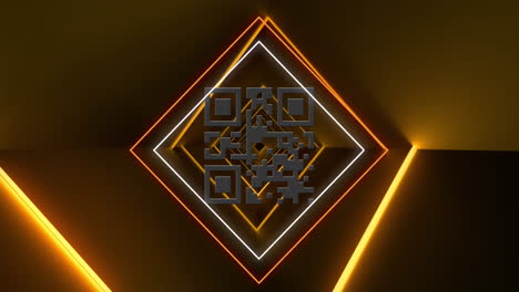 animación de un código qr brillante sobre formas geométricas de neón