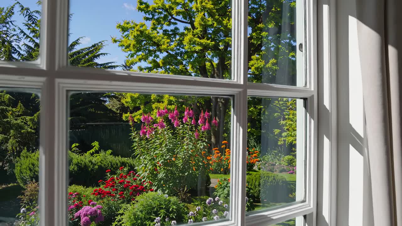A serene garden view through a window, captured from a low-angle