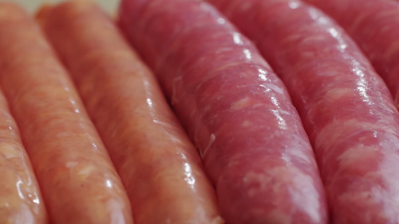 Raw sausage on plate close-up.Cooking hot dogs in boiling oil. Traditional asian corndog snacks street food. Korean Chinese street local market with traditional food. American fast food corndogs with sauce on the top.