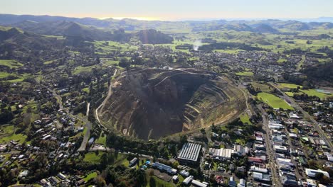 stunning aerial shot of an old gold mine and waihi township, new zealand landscape