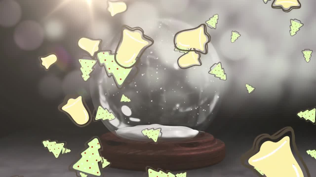 크리스마스 트리 와 벨 아이콘 이 회색 배경 에 있는 스노우 글로브 주위 의 별 을  ⁇ 고 떨어지고 있다