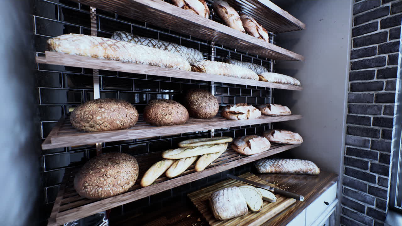 Fresh bread on shelves in bakery