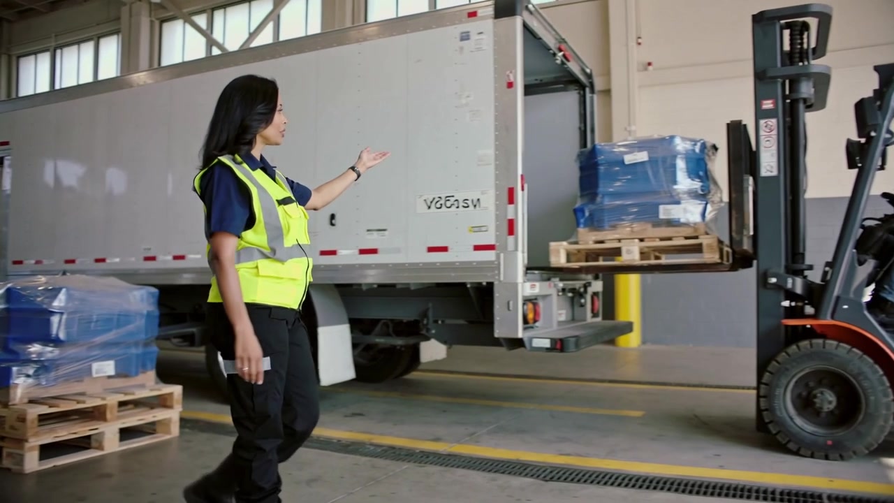 Walking hivis woman watching forklift loading pallet into truck at dock after truck door opening