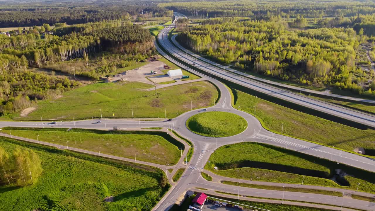 Springtime aerial view of Katlakalns traffic and residential area