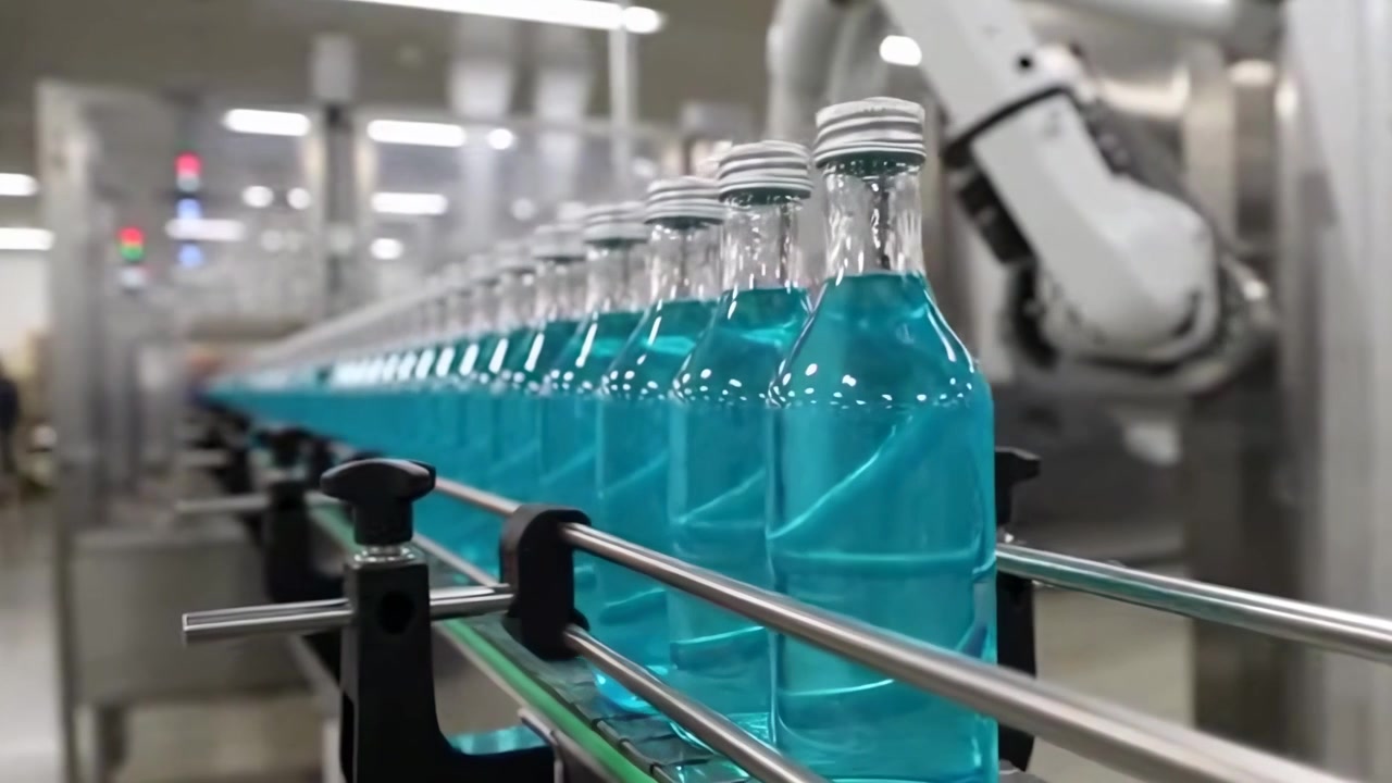Blue Liquid Bottles Moving Along an Automated Factory Conveyor Belt