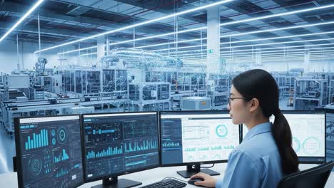 a focused operator monitors advanced data analytics in a high-tech factory setting, enhancing efficiency and productivity through real-time insights