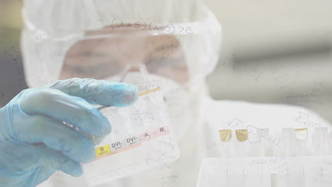 mathematical equations floating against health worker wearing face mask working at laboratory