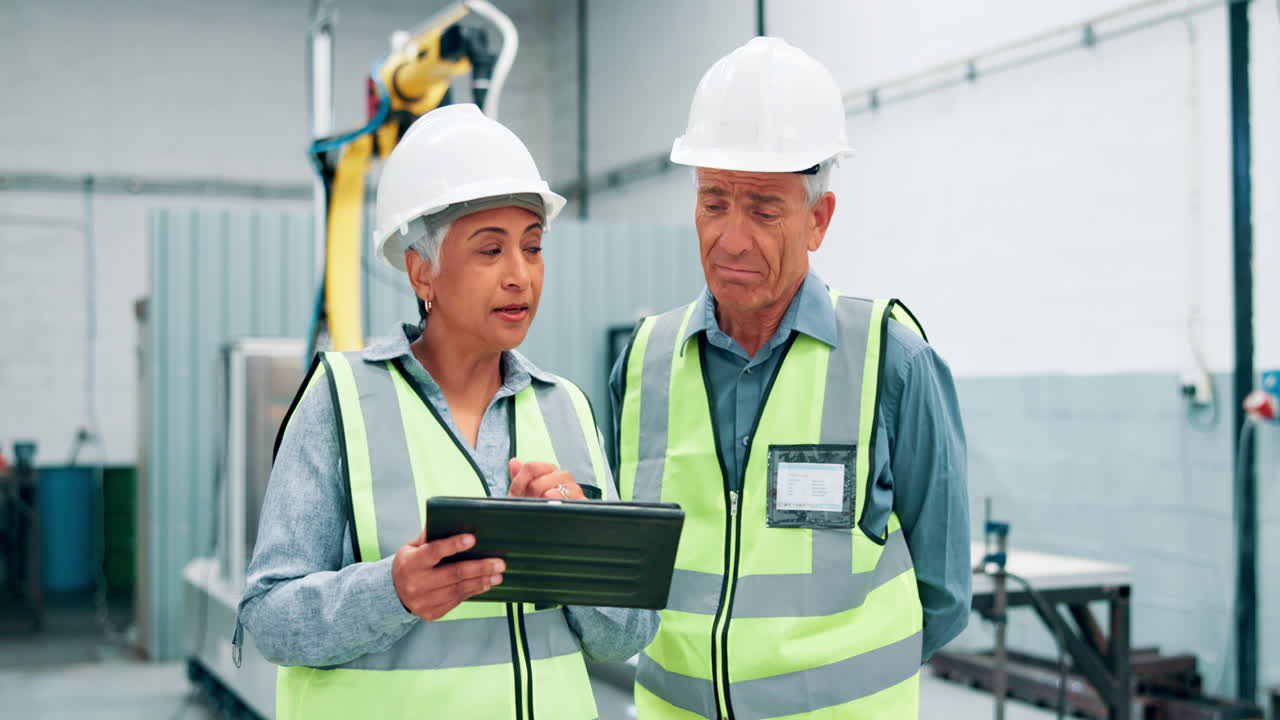 trabajadores de la fábrica discutiendo en una tableta