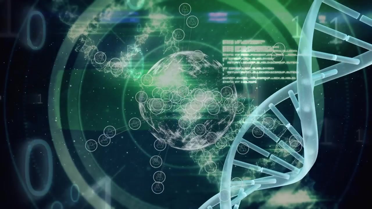 Elica di DNA digitale e visualizzazione dati di rete globale.