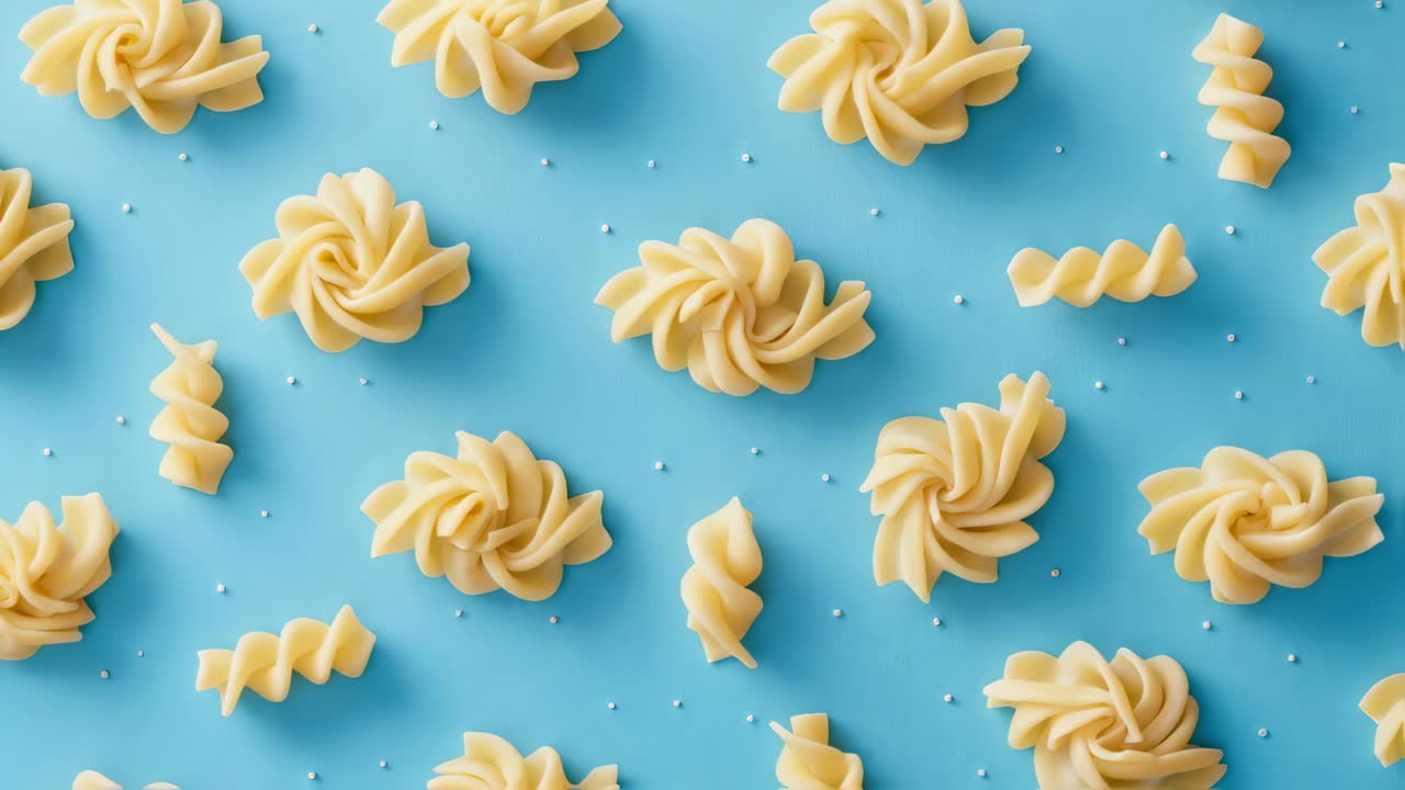 Different pasta shapes, including spirals and rosettes, are artfully scattered across a vibrant blue surface, creating a visually appealing arrangement