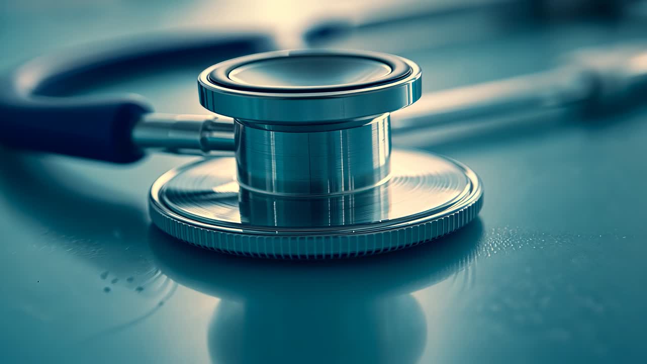 Racking focus, camera revealing stethoscope chest piece details on metal exam table, showing tubing