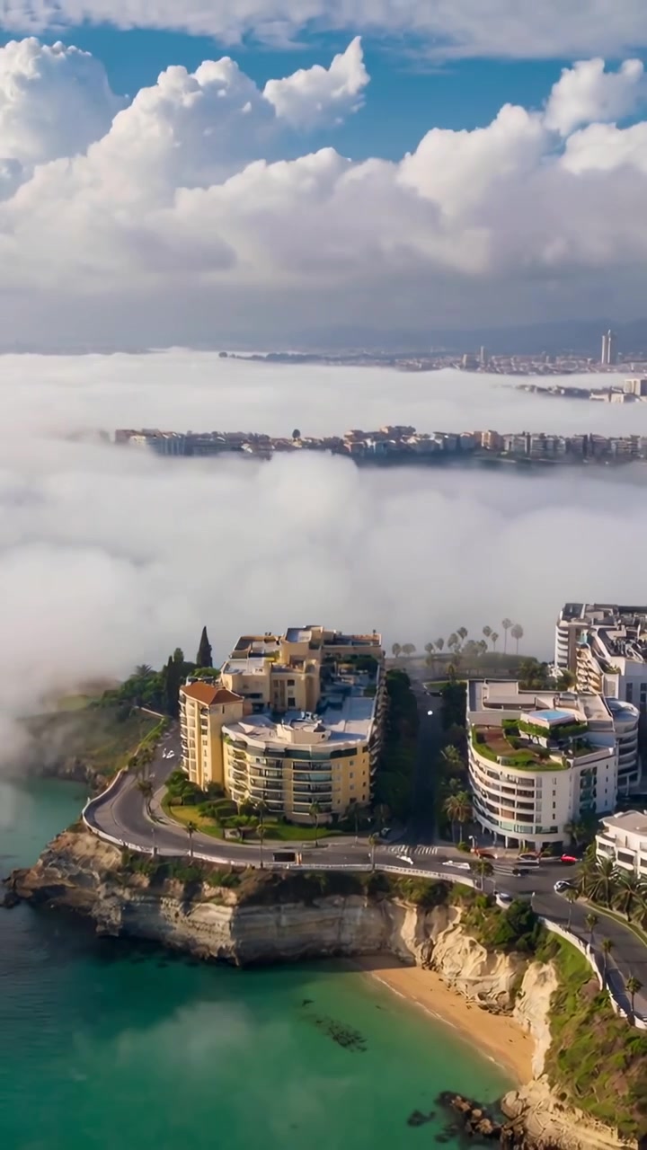Video verticale: Nebbia marina che si insinua su case e una strada curva su una scogliera rocciosa, nascondendo la spiaggia.