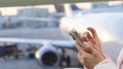 a traveler casually checks their smartphone while waiting at the airport, with an airplane clearly visible outside
