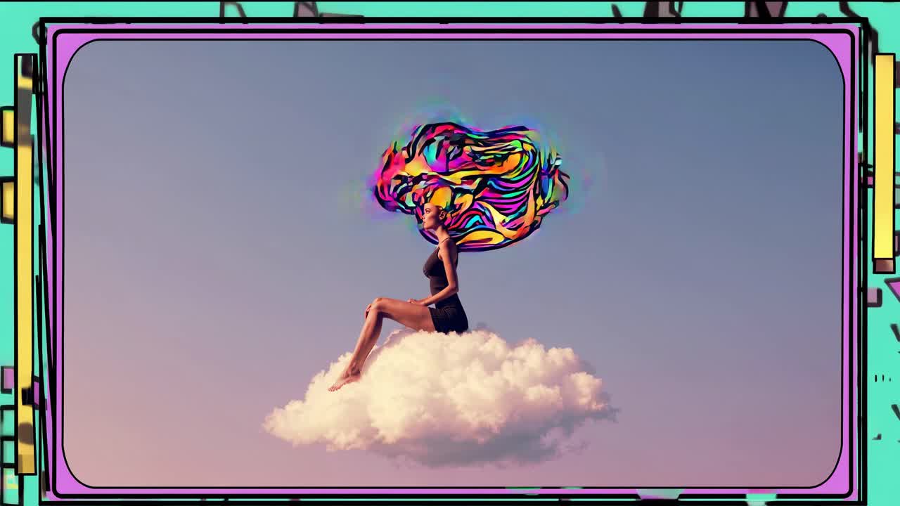 mujer sentada en una nube - arte digital colorido