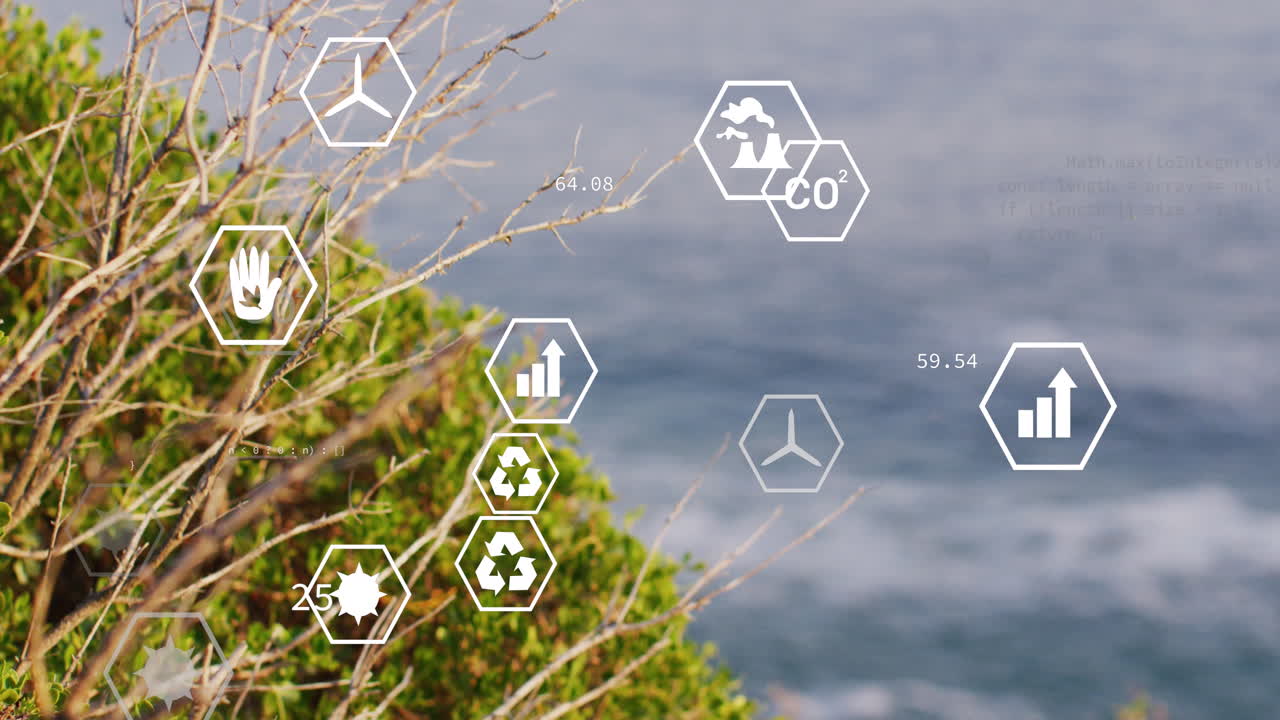 animación de iconos de sostenibilidad y ecología sobre el paisaje