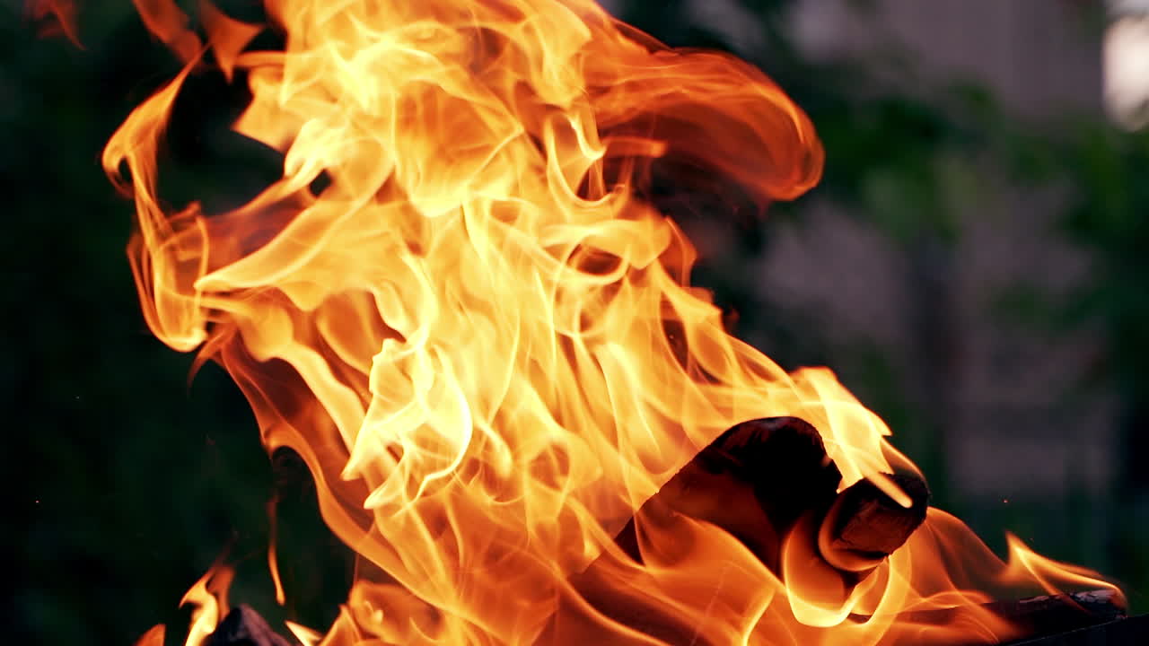 Motion of vivid fire in darkness. Red and yellow flame from the burning firewood outdoors at night. Close-up.