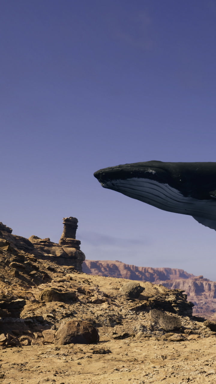 Whale swimming near rock formation in a desert landscape at sunset