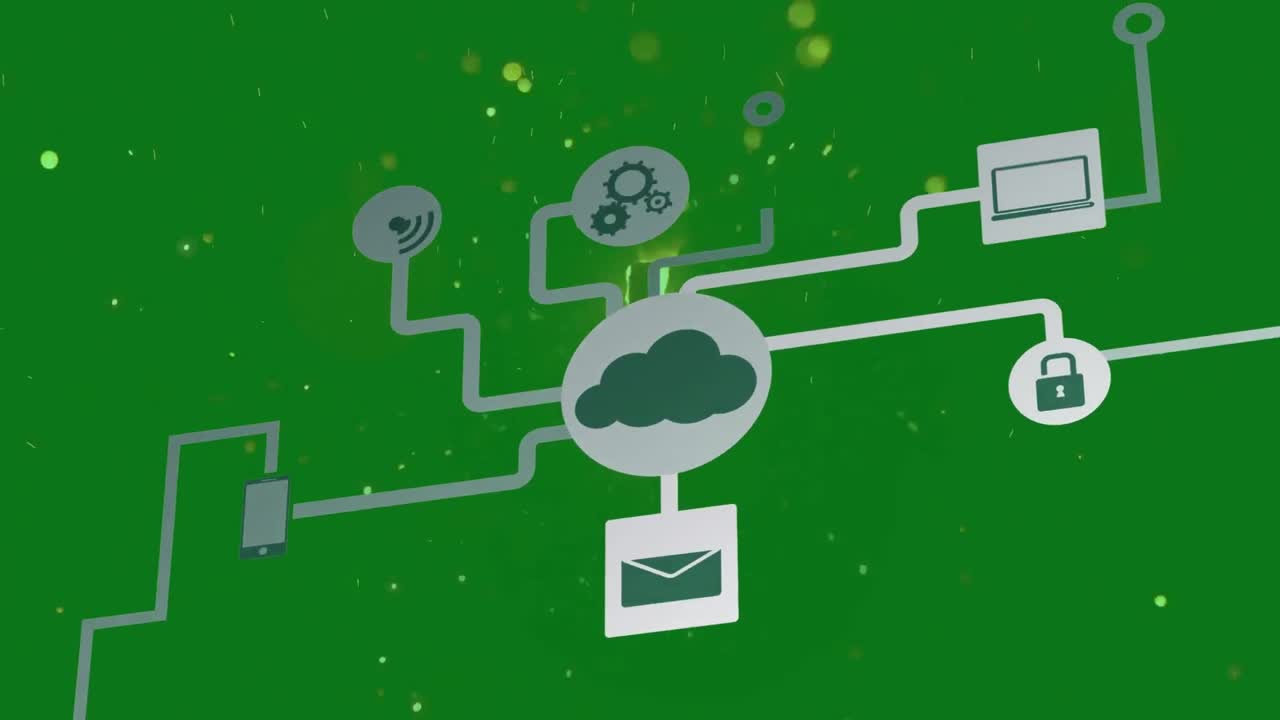 Animation of network of connections with icons over spots on green background