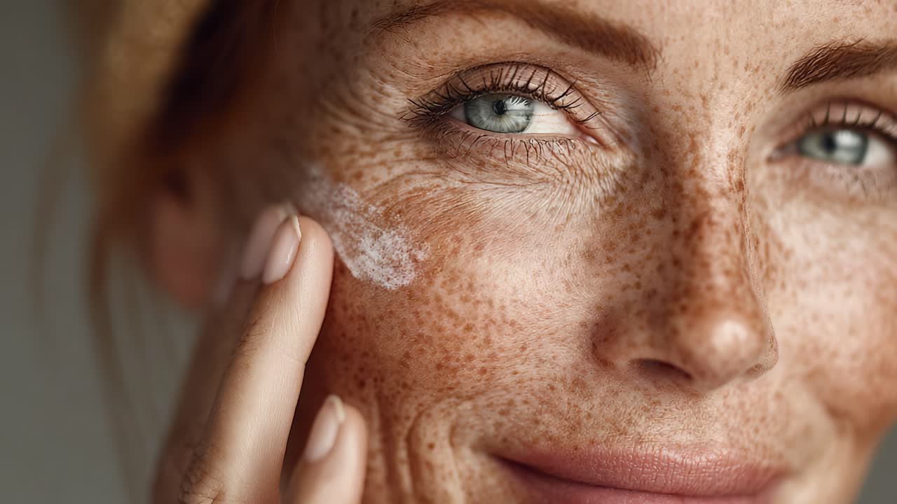 Un primo piano di una donna che applica la crema sul suo viso lentigginoso, evidenziando la routine di cura della pelle e la bellezza naturale in un'atmosfera delicata e serena.