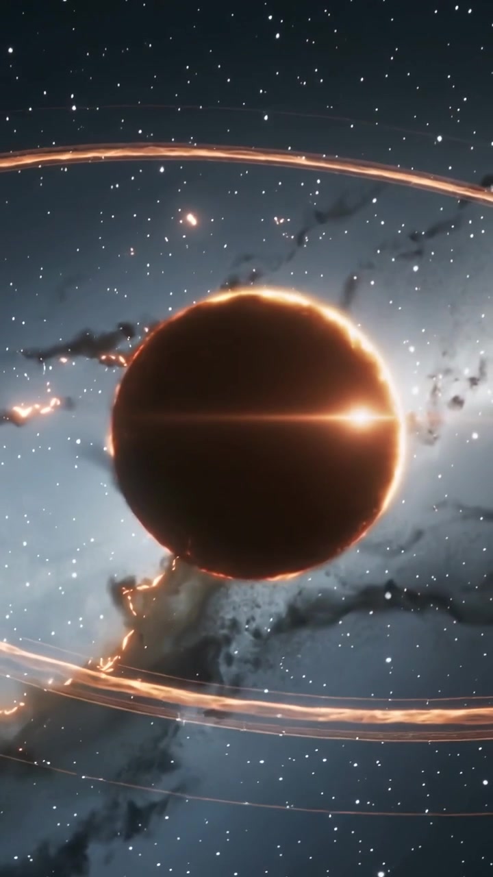 Video verticale: Sfera che scintilla per un'ondata di energia con bordo pulsante, emettendo scintille, anelli che si spostano nello spazio.