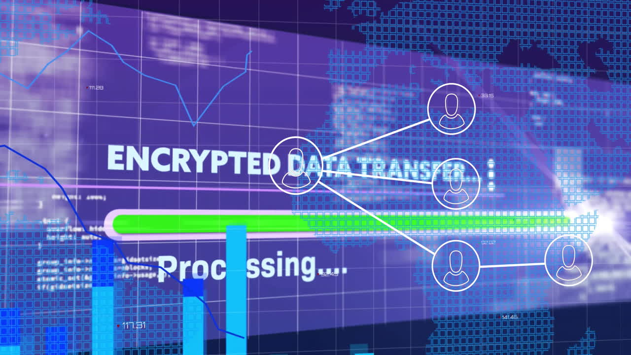 animación de la red de conexiones y procesamiento de datos sobre el mapa del mundo sobre fondo azul