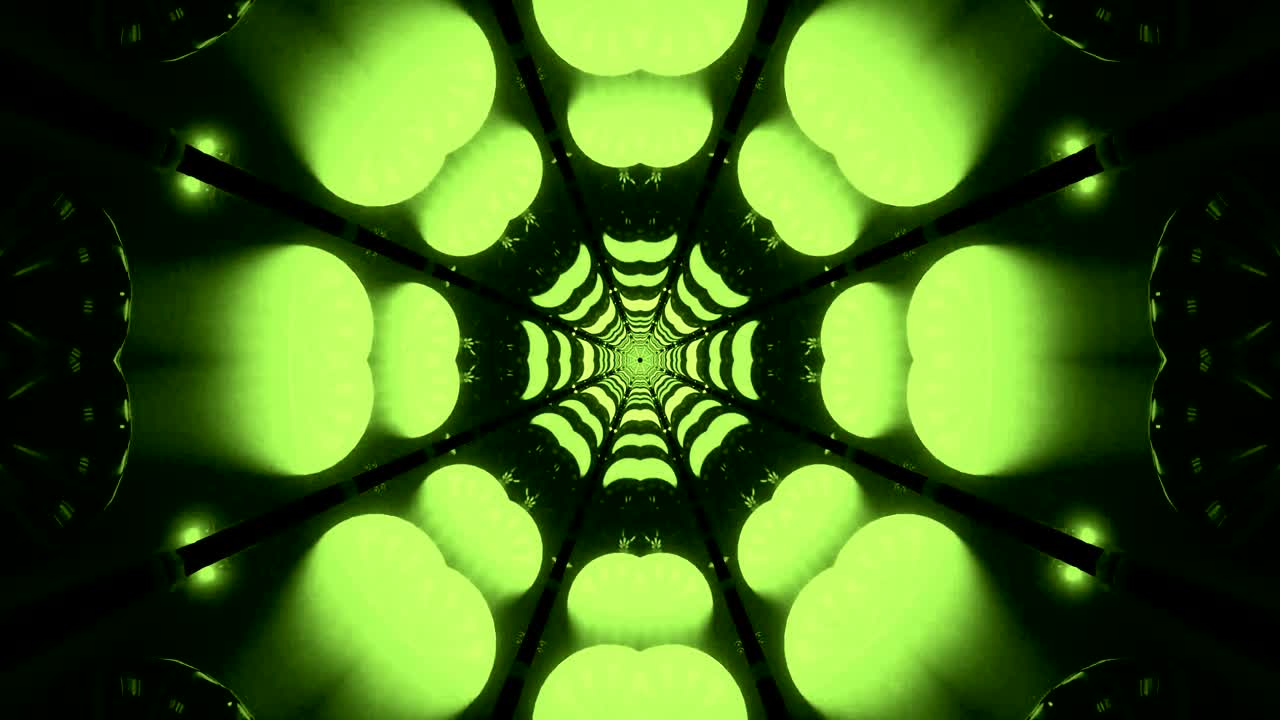 A tunnel of vibrant green lights creates a captivating and immersive visual experience. The seamless looping motion enhances the hypnotic effects of this digital art piece