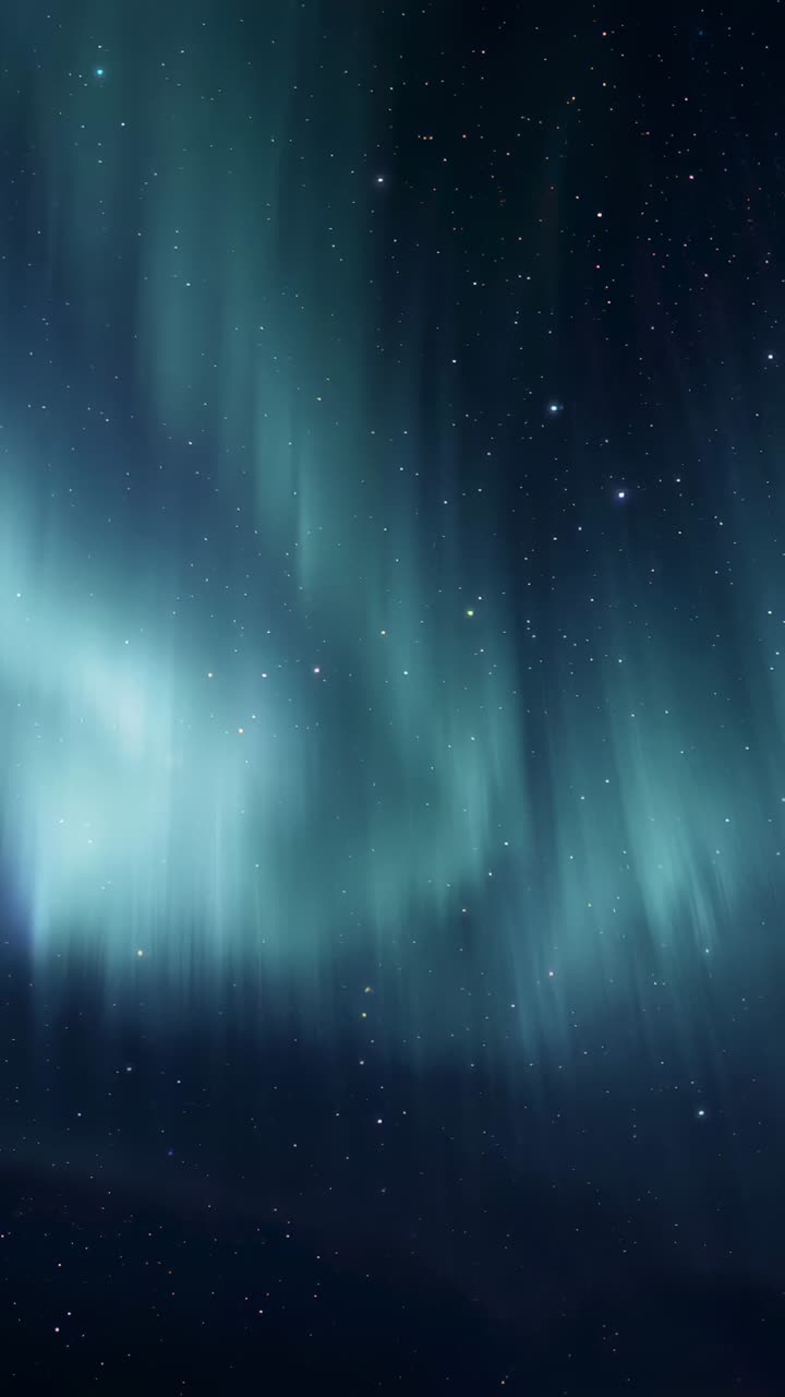 Vertical video: Shifting aurora curtains across stars above snowy rock, by solar wind