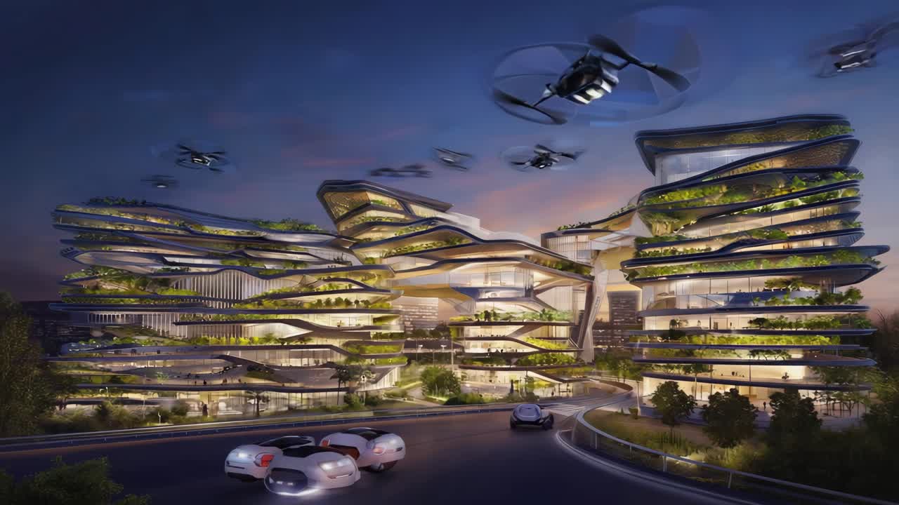 Futuristic Green Building with Drones and Autonomous Cars