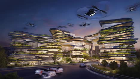 futuristic green building with drones and autonomous cars