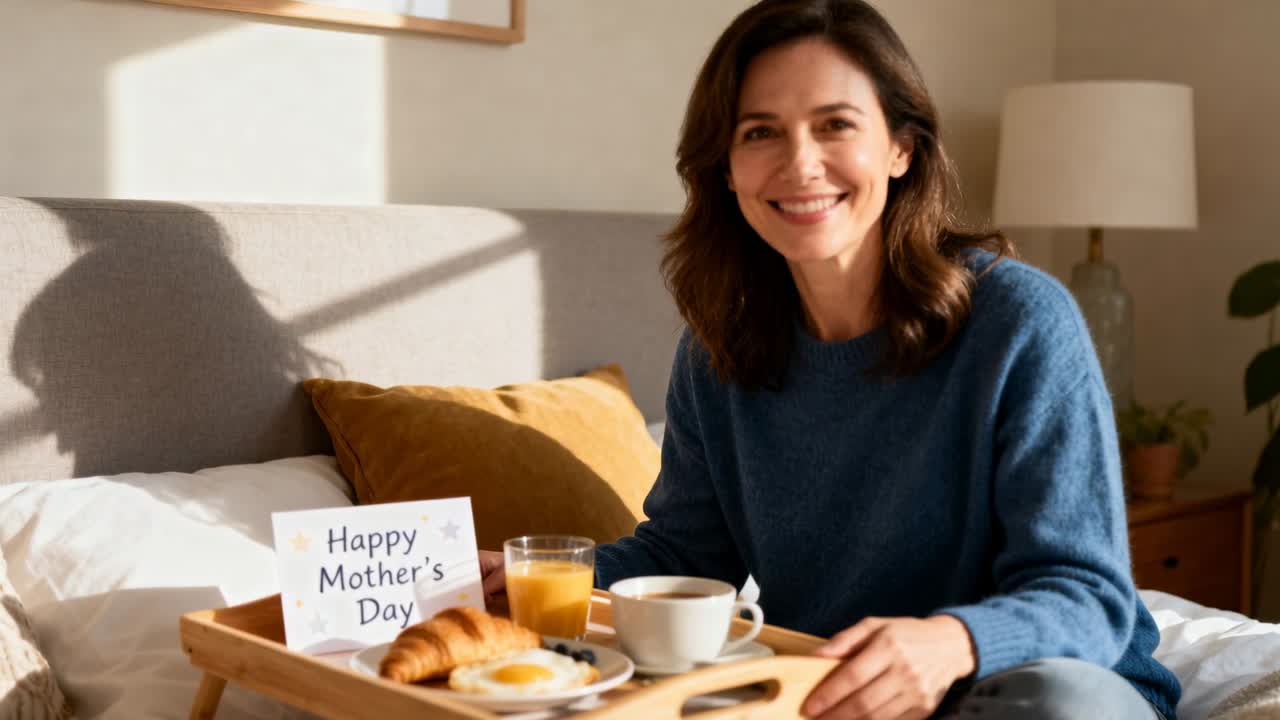 Receiving off-frame surprise, woman in blue sweater holding Mother's Day tray on bed, smiling
