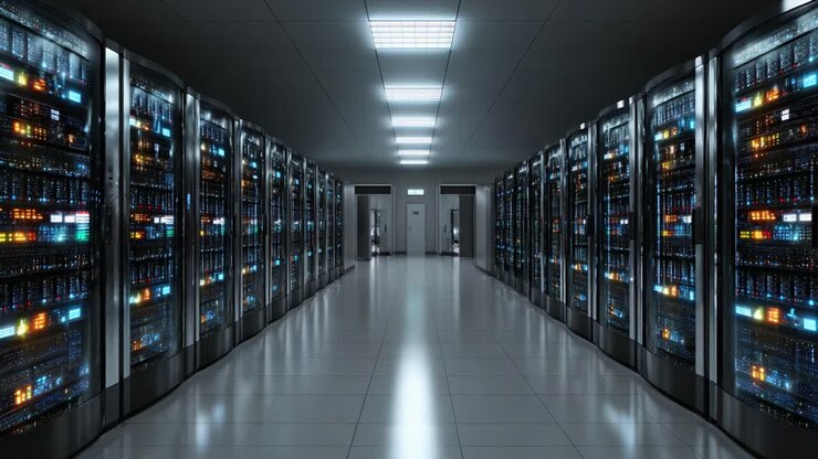 Interni moderni di un data center con file di rack server illuminati da LED colorati e apparecchiature di rete high-tech in un ambiente elegante e pulito