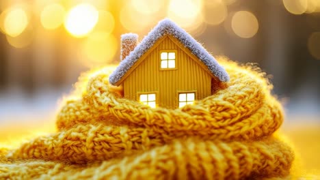 cozy yellow house wrapped in warm scarf. a small yellow house nestled in a fluffy yellow scarf glows softly against a bright, sunny background, evoking warmth.