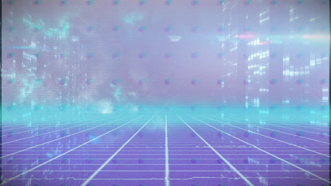 glowing cityscape with floating dots in retro futuristic animation grid background