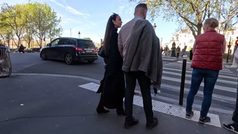 pedestrians waiting and crossing a street in paris