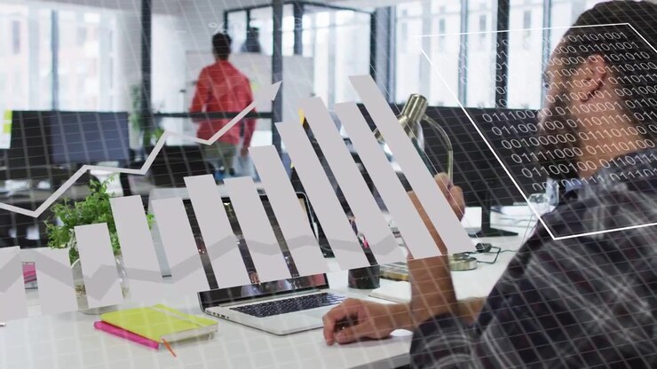 Remote participant waving, man at desk gesturing to laptop while analytics overlays collecting data
