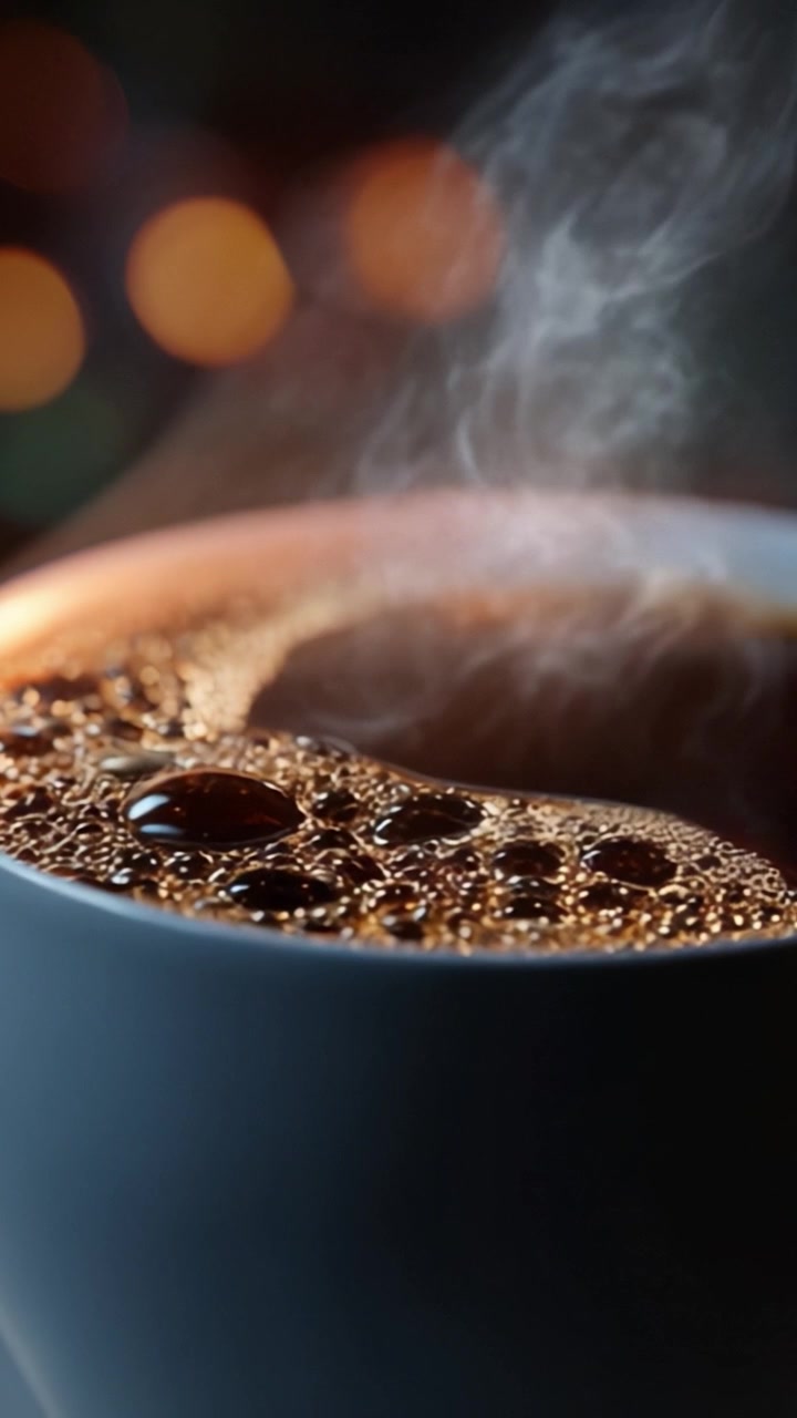 Nærbillede af en dampende kaffekop med bobler og aromatisk damp, der stiger op, fanger drikkens varme og fylde i elegante omgivelser.