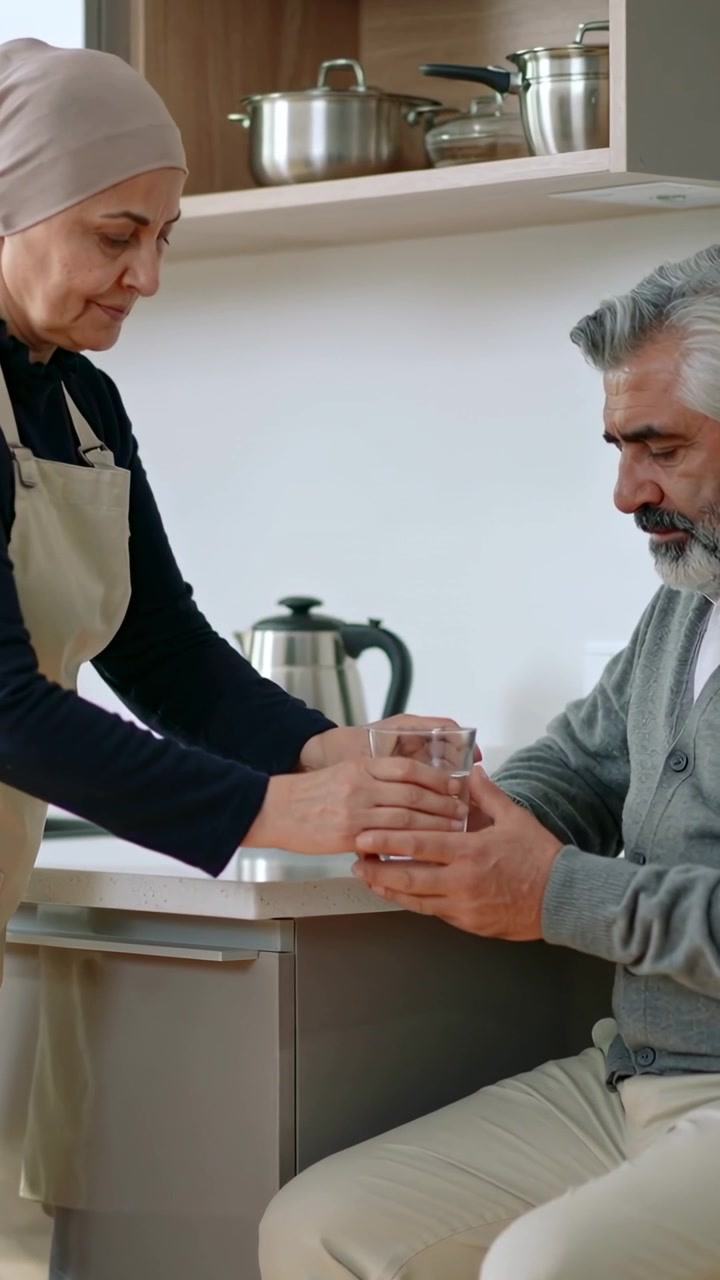 Vídeo vertical: Mulher de hijab e avental erguendo um copo e oferecendo a um homem no balcão para beber