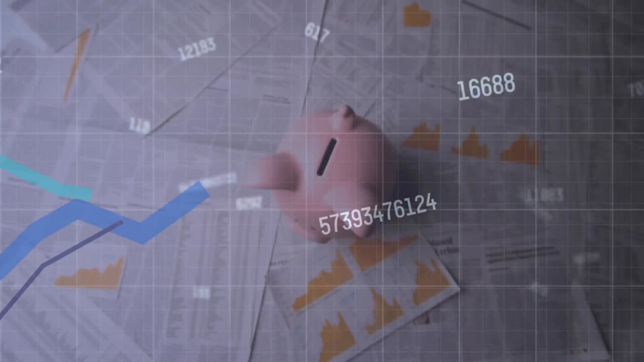 다수의 변화하는 숫자와 그래프의 디지털 구성은 도서에 떨어지는 돼지 은행에 대해 움직입니다.