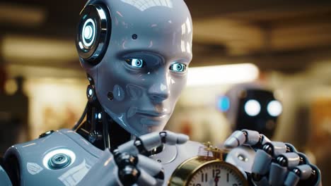 in a modern workshop, a humanoid robot inspects a vintage clock, merging technology with craftsmanship. the setting highlights innovation and the artistry of timekeeping.