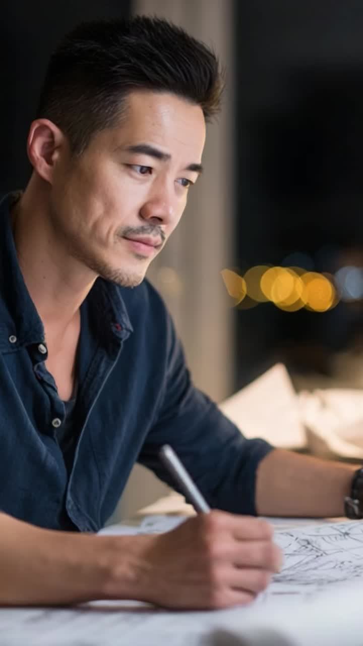 A focused individual engaged in detailed sketching at a desk, showcasing creativity and artistic skills while surrounded by soft ambient lighting and paper